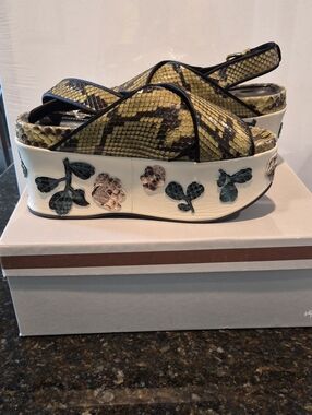 Snake-Print Platform Slingback Sandals in Olive and Black